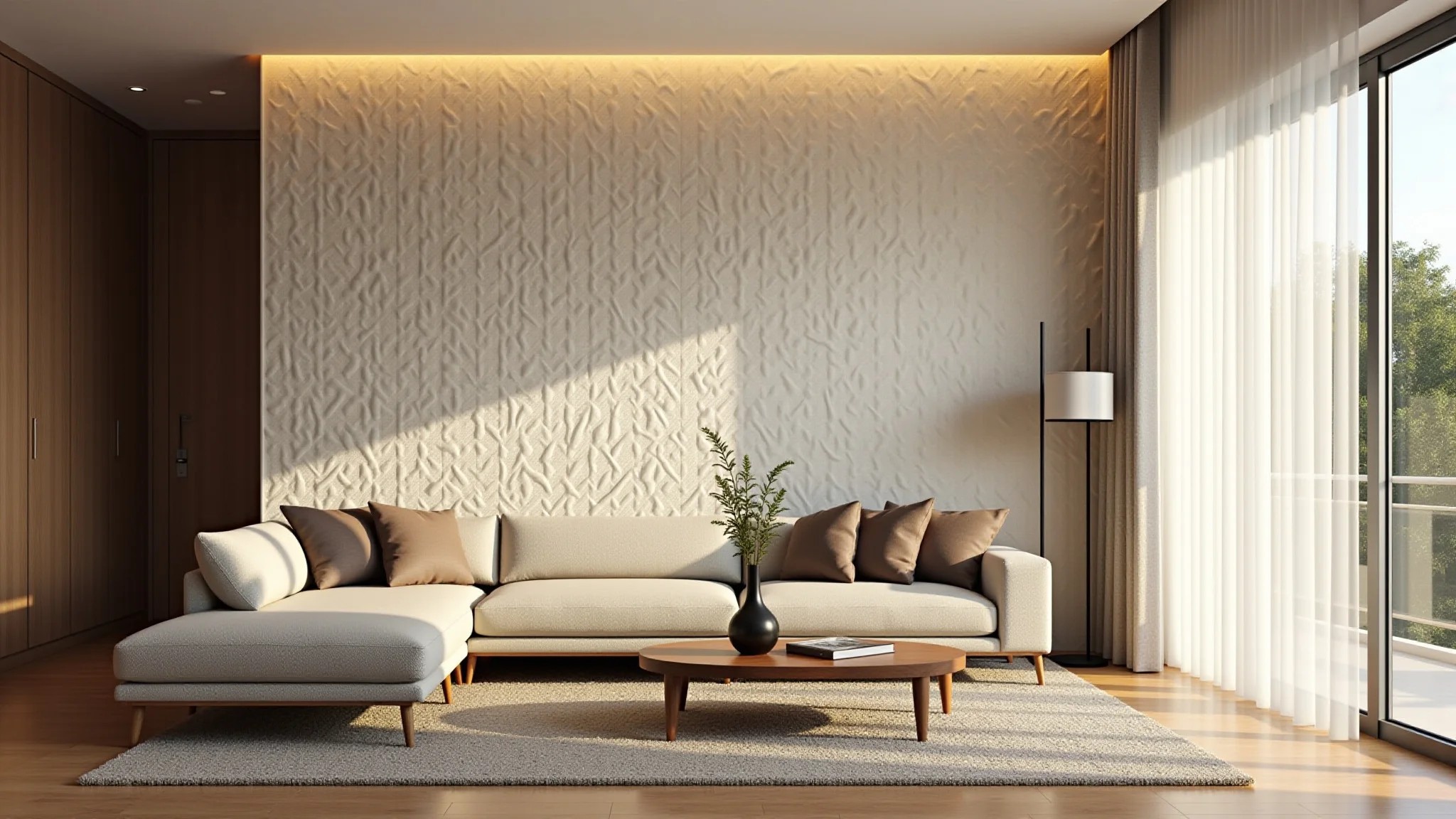 Sala de estar iluminada com parede de gesso 3D texturizada e design brasileiro.