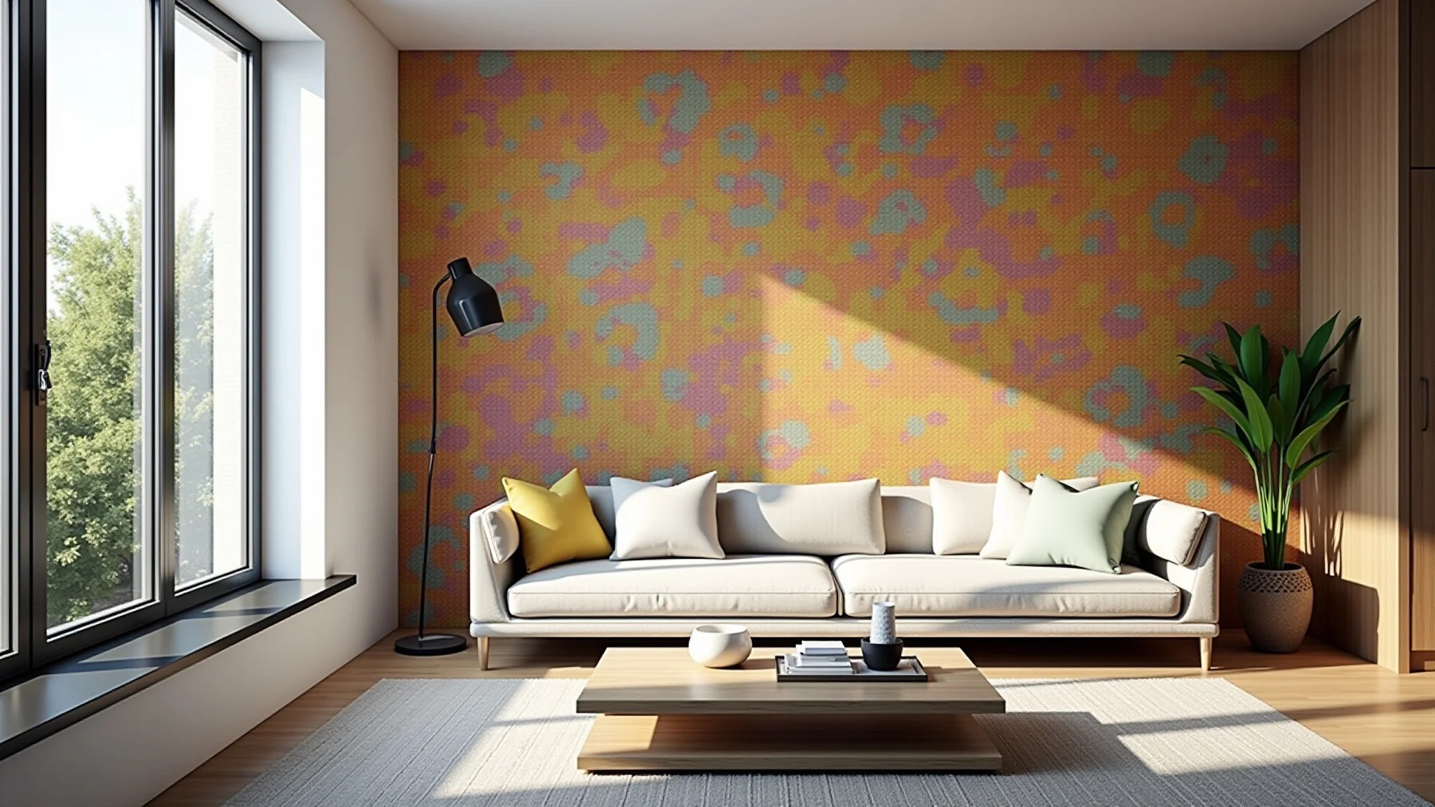 Sala de estar iluminada com papel de parede 3D floral, design brasileiro e sofá aconchegante.