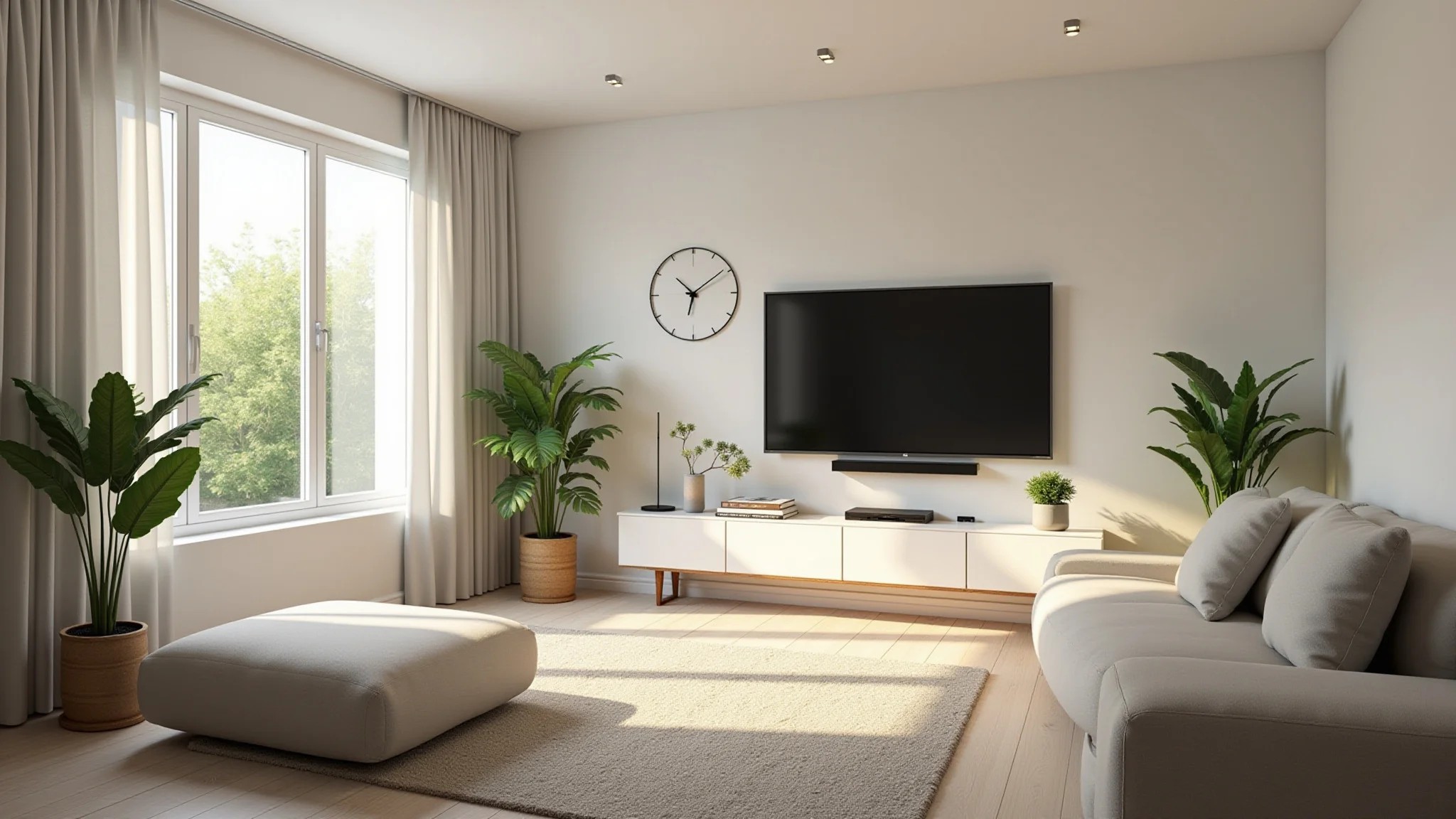 Sala clara com feng shui, decoração minimalista e luz natural.