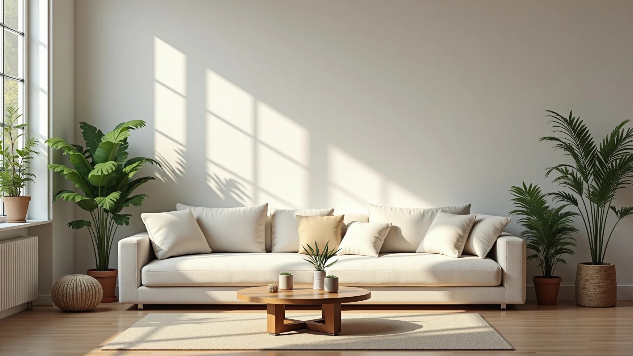 Sala de estar clara com feng shui, luz natural, plantas e decoração minimalista.