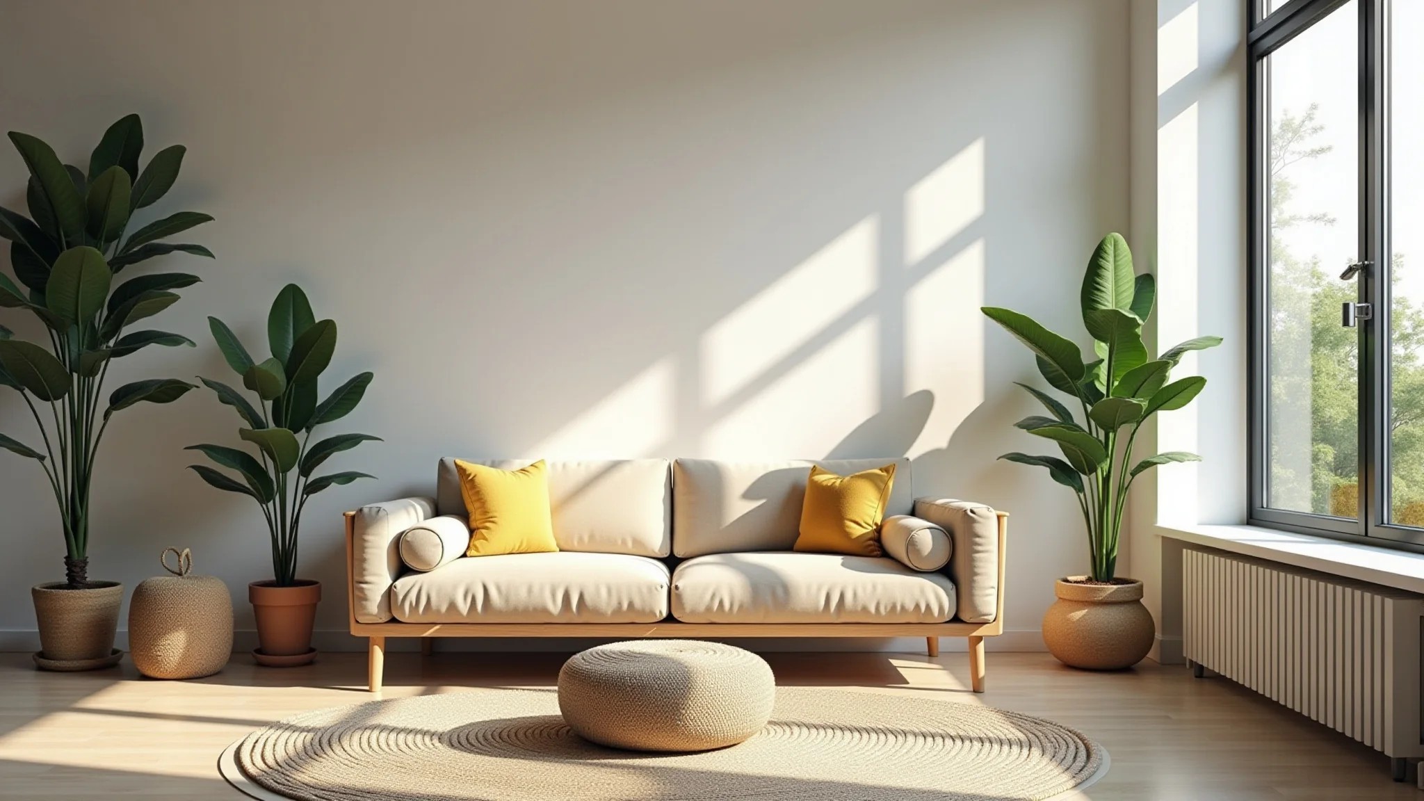 Sala clara com feng shui, plantas e decoração minimalista.