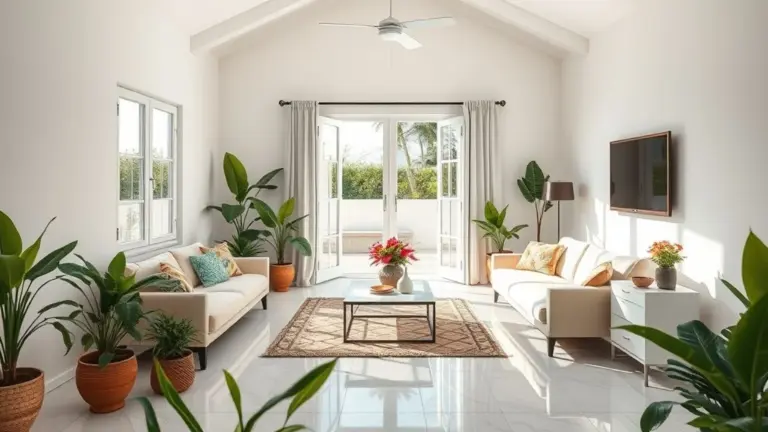 Sala arejada com piso cerâmico claro, design brasileiro e iluminação natural.