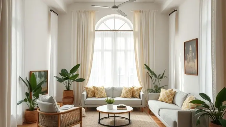 Sala de estar brasileira iluminada com cortinas de linho e decoração vibrante.