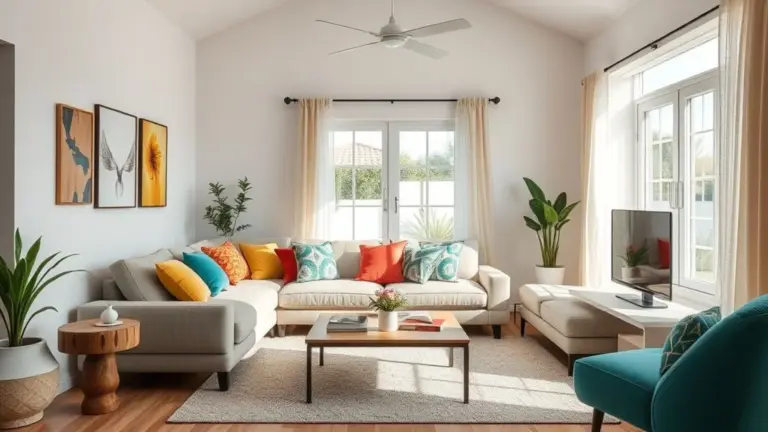Sala iluminada com sofá modular, almofadas coloridas e design brasileiro.