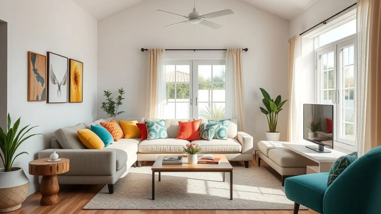 Sala iluminada com sofá modular, almofadas coloridas e design brasileiro.