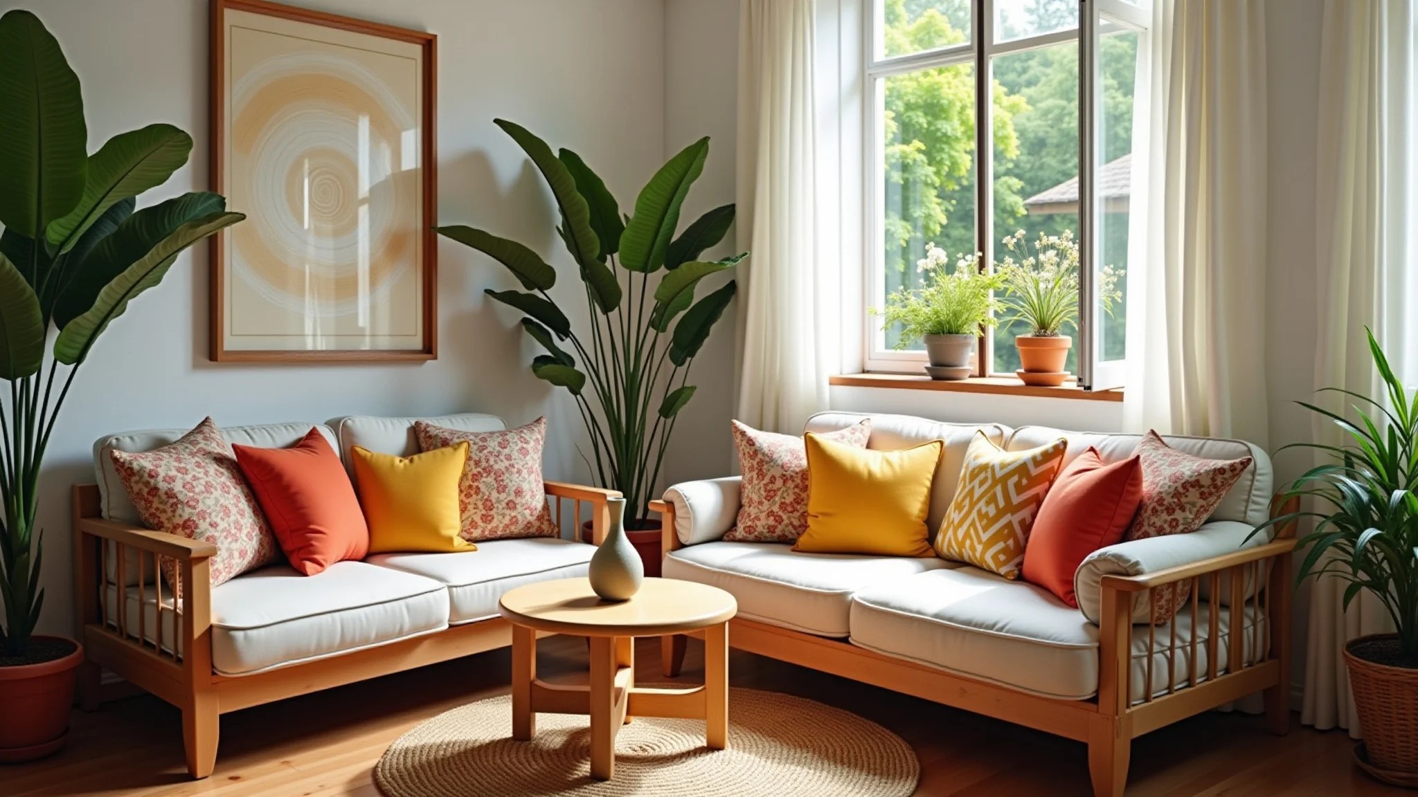 Sala de estar iluminada com luz natural, móveis de madeira e almofadas coloridas.
