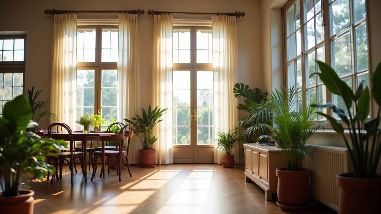 Bright loft, double-height windows, sheer curtains, natural light, Brazilian style, plants, 8K, Cortinas leves em loft com pé direito duplo.