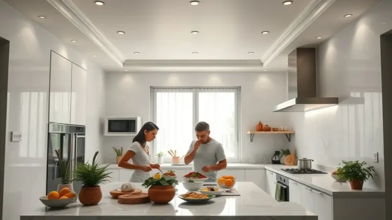 Cozinha moderna e iluminada com detalhes em gesso e família brasileira preparando refeição.