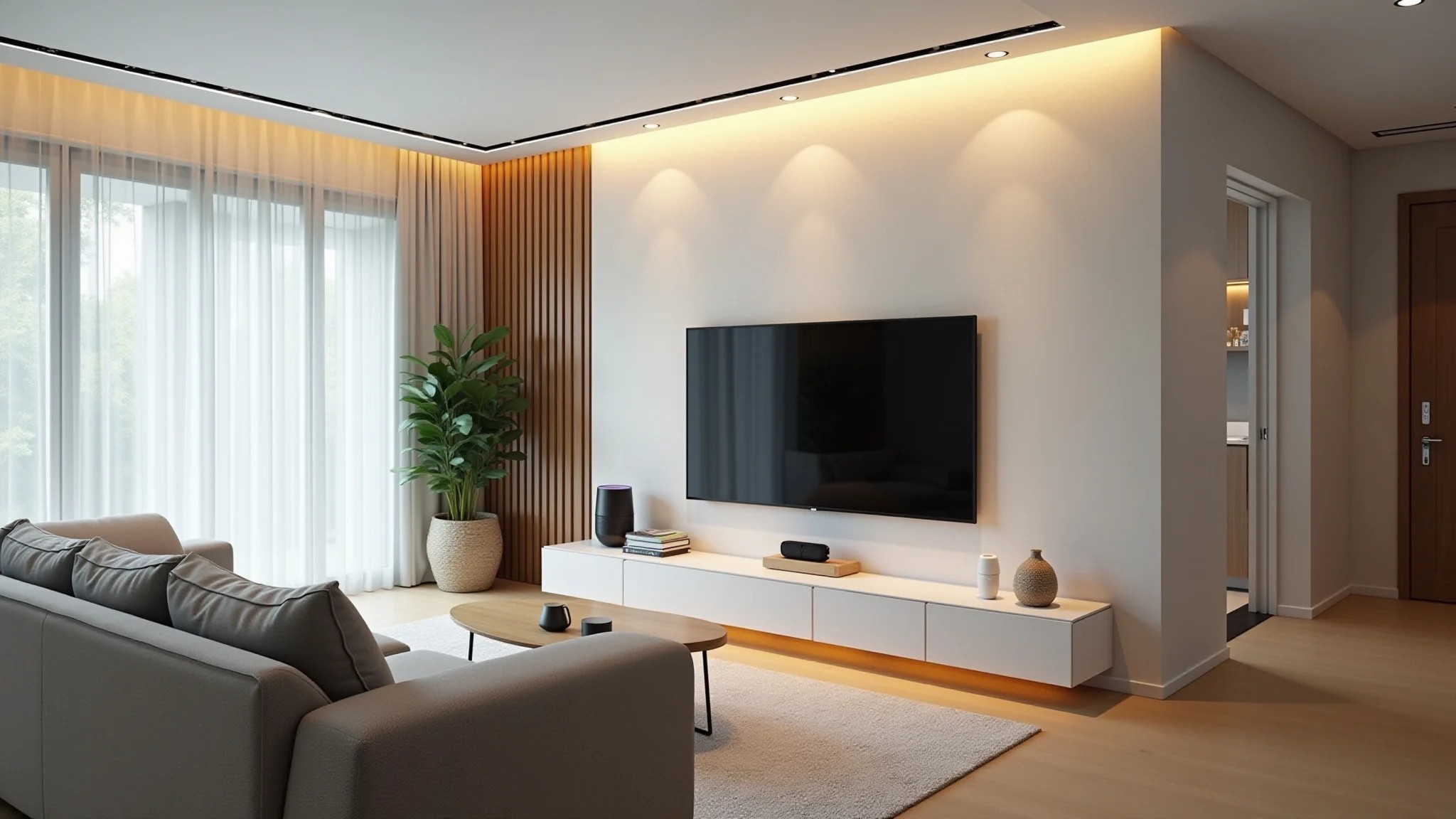 Sala moderna com iluminação automatizada, assistente virtual e design inteligente.