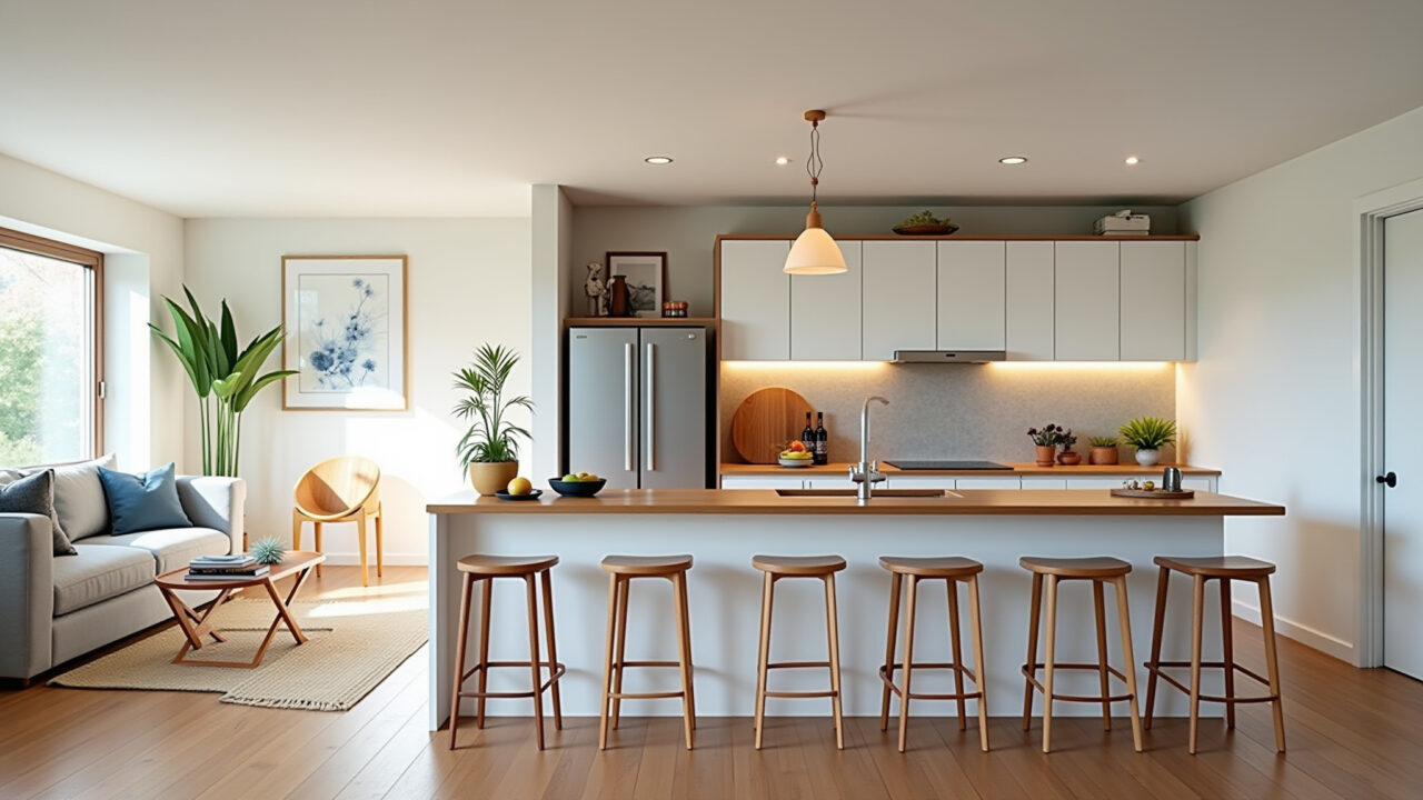Bright, open kitchen-living room with a stylish breakfast bar, wooden stools, and Brazilian decor. Bancada americana elegante em sala com cozinha integrada.