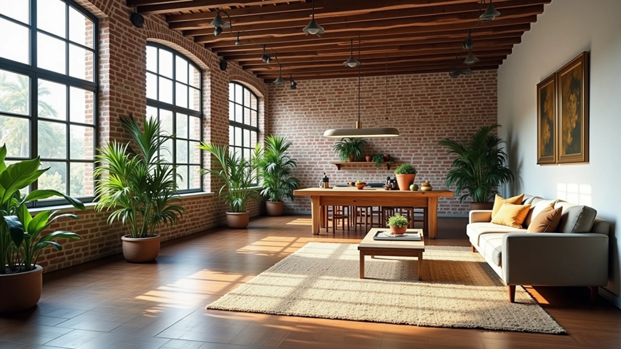 Interior de loft amplo e iluminado com design brasileiro, tijolos aparentes e plantas vibrantes.