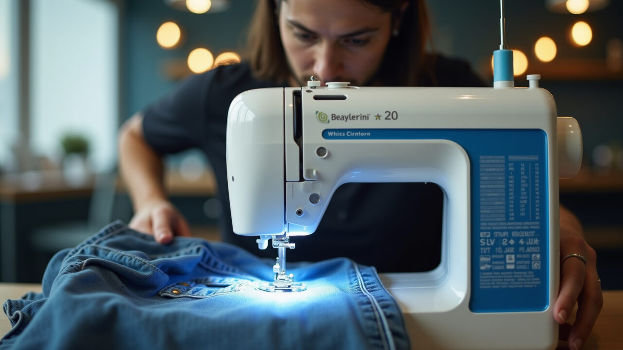 Brother sewing machine with advanced features sewing denim, innovation and technology. Commercial Máquina de costura Brother costurando jeans, inovação e tecnologia.