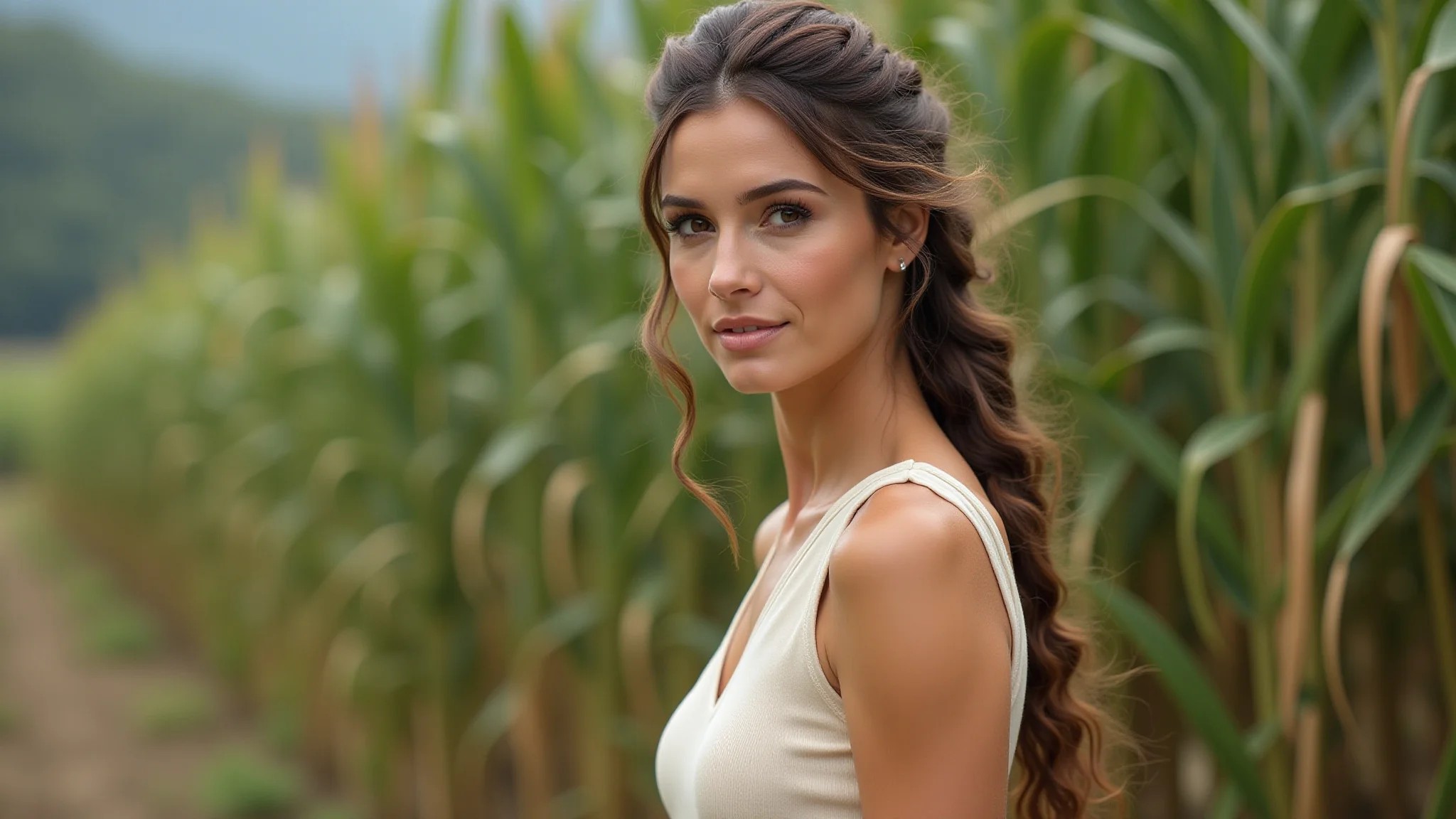Morena com trança lateral desconstruída e vestido de um ombro, estilo Farm Rio.