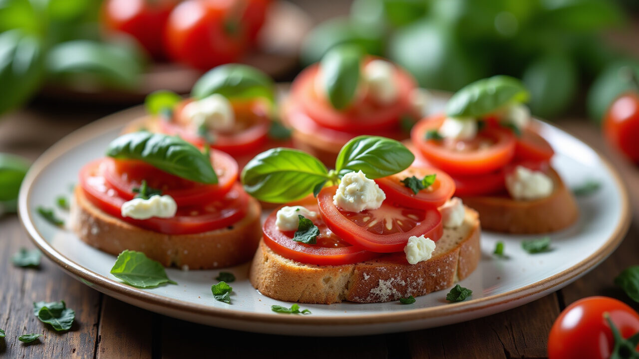 Bruschetta de tomate, manjericão e queijo de cabra, perfeita para o verão.