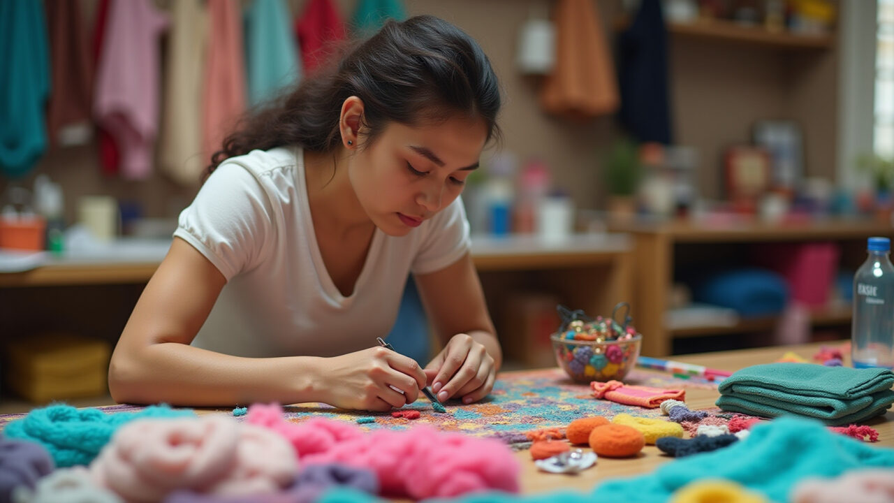 Artesã trabalhando com materiais acessíveis.