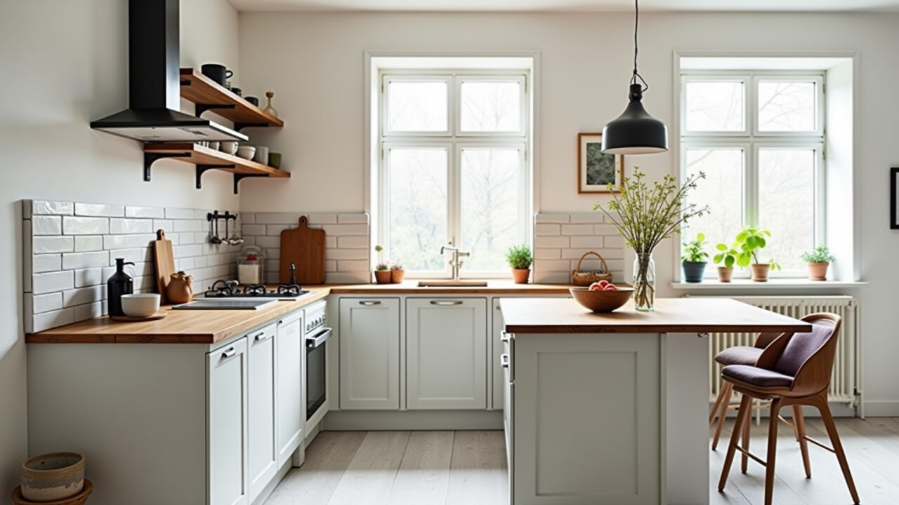 Cozinha escandinava econômica com móveis reaproveitados.