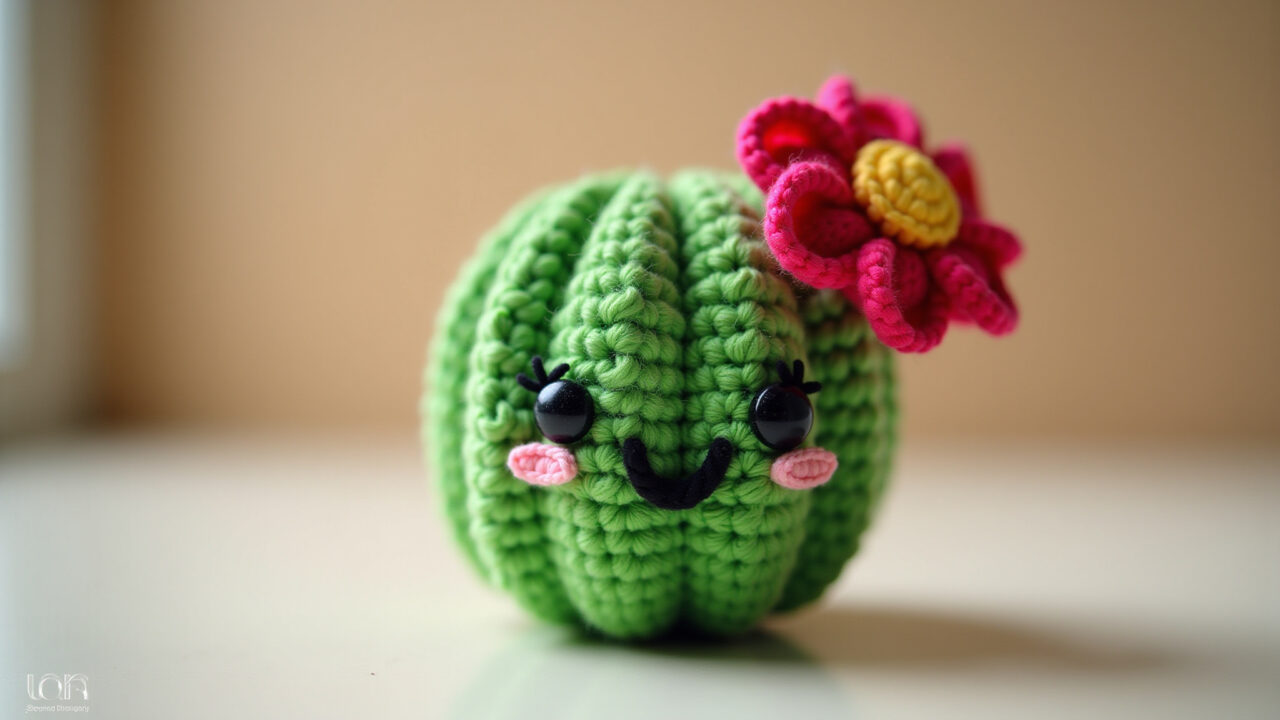 Cactus ball amigurumi with vibrant flower, colorful crochet, bright natural light, 8k quality, Cacto bola de amigurumi com flor colorida.
