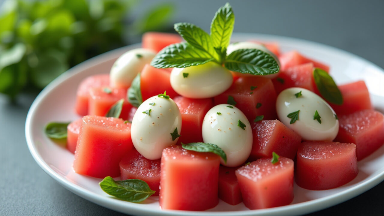 Salada Caprese com melancia, mussarela de búfala e hortelã.