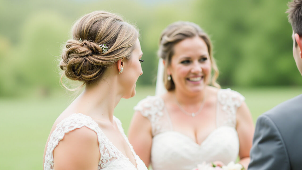 Casual bride with messy bun, outdoor wedding, relaxed setting, soft light, 8k, professional Noiva casual com coque podrinho, casamento ao ar livre.