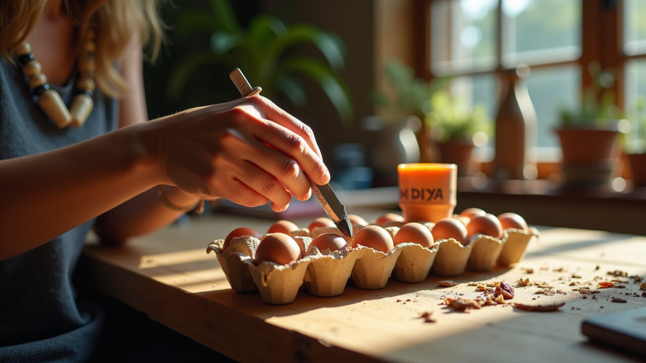 Caxixi feito de embalagem de ovos sendo tocado.
