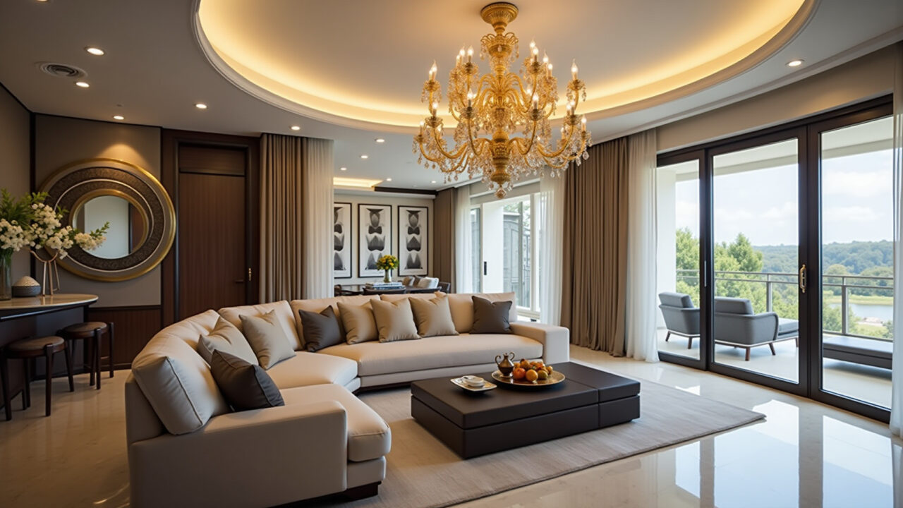 Chandelier with golden details, crystal details, double height living room, luxurious style, 8K, Lustre com detalhes em dourado e cristal.