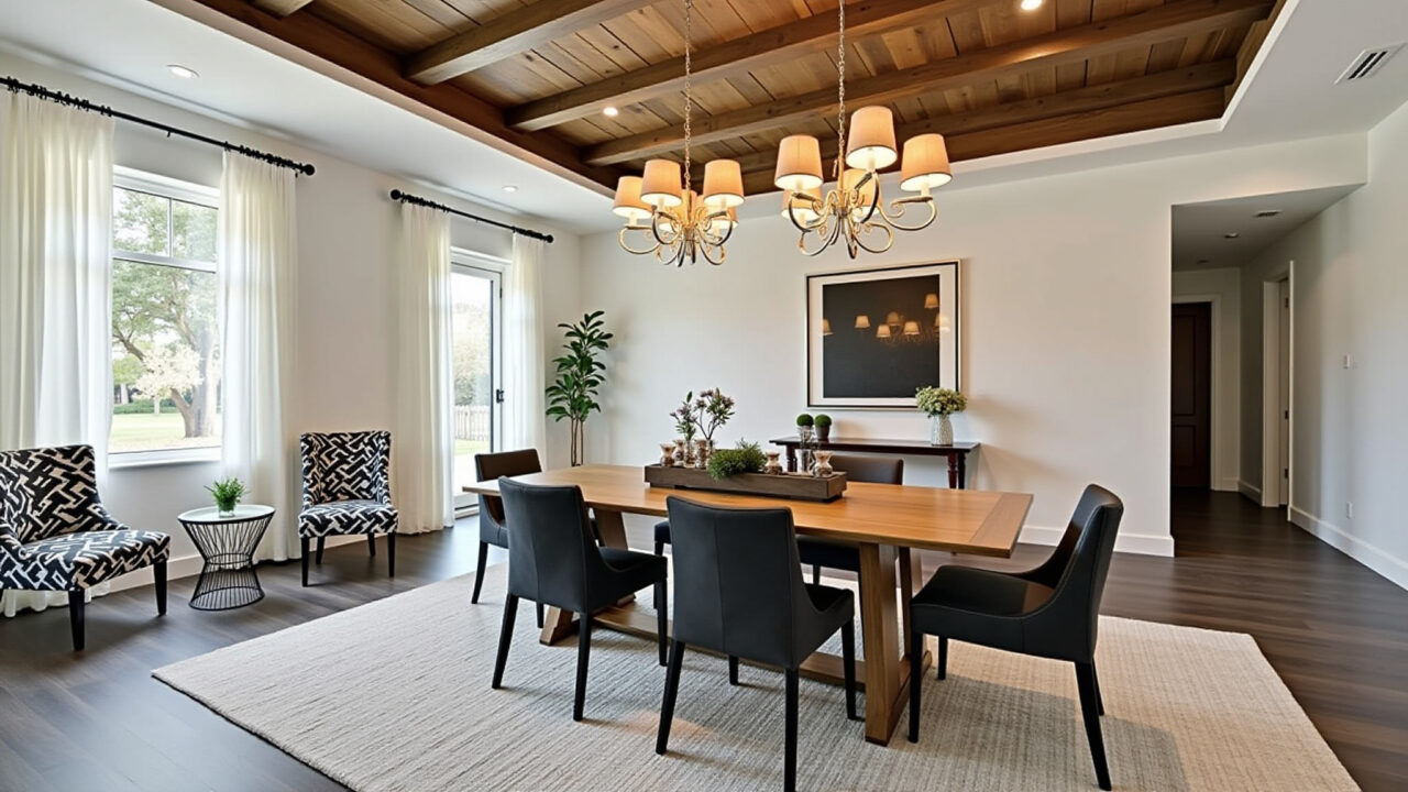 Chandelier with lampshades, modern fabrics, geometric prints, double height space, cozy atmosphere, Lustre com cúpulas de tecidos modernos e estampas geométricas.
