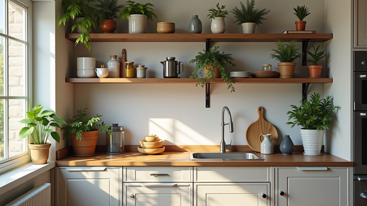 Cozinha compacta com prateleiras para expor objetos decorativos.