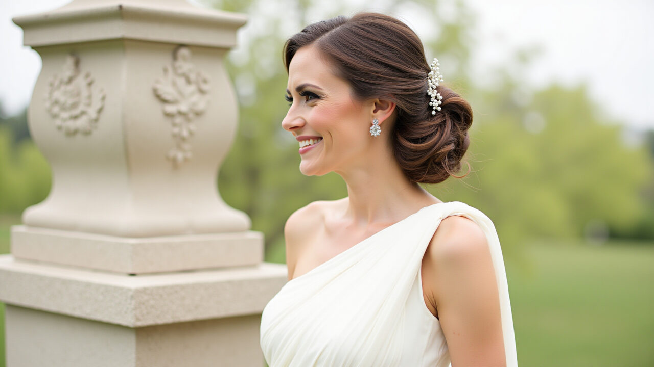 Charming bride with side bun updo, wearing a one-shoulder wedding dress, romantic setting, soft Noiva charmosa com coque lateral e vestido de um ombro só.