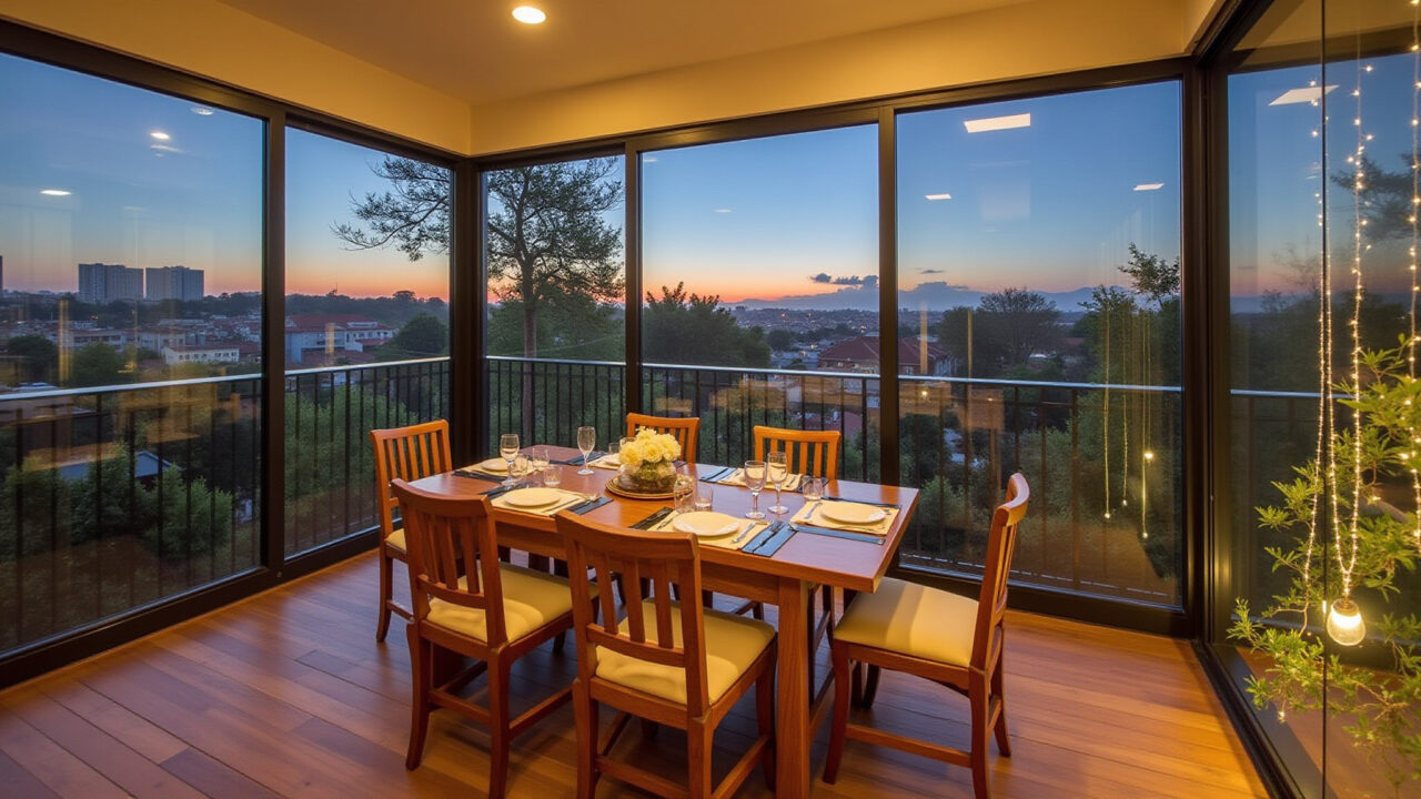 Charming dining room on a glass-enclosed varanda, featuring an elegant table, comfortable chairs, Sala de jantar charmosa em varanda fechada com vidro.