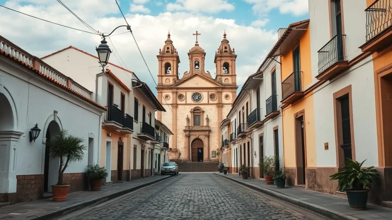 Rua histórica em Ouro Preto, MG, com arquitetura colonial e atmosfera cultural.