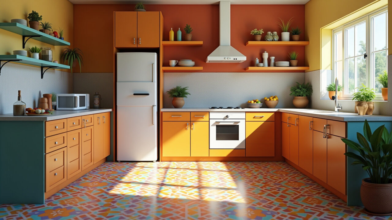 Cheerful kitchen with colorful floor, Brazilian style, 8K quality, professional photography, Cozinha alegre com piso colorido.