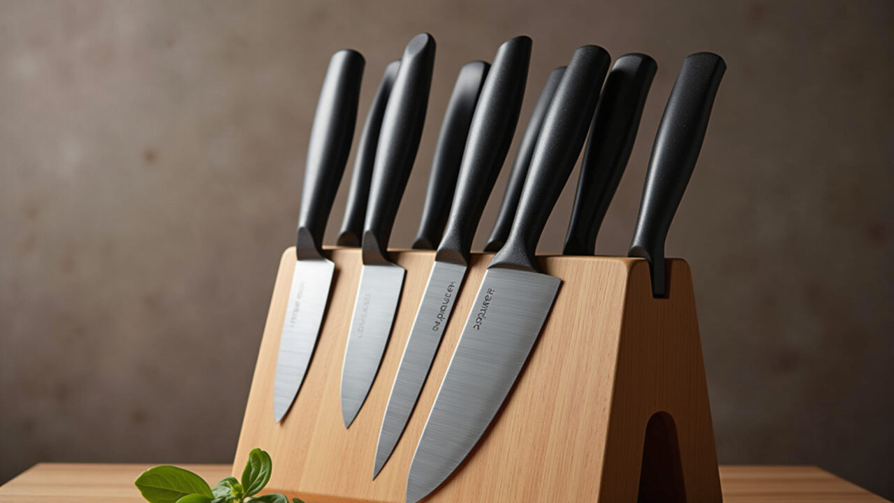 Jogo de facas de cozinha profissional em cepo de madeira.