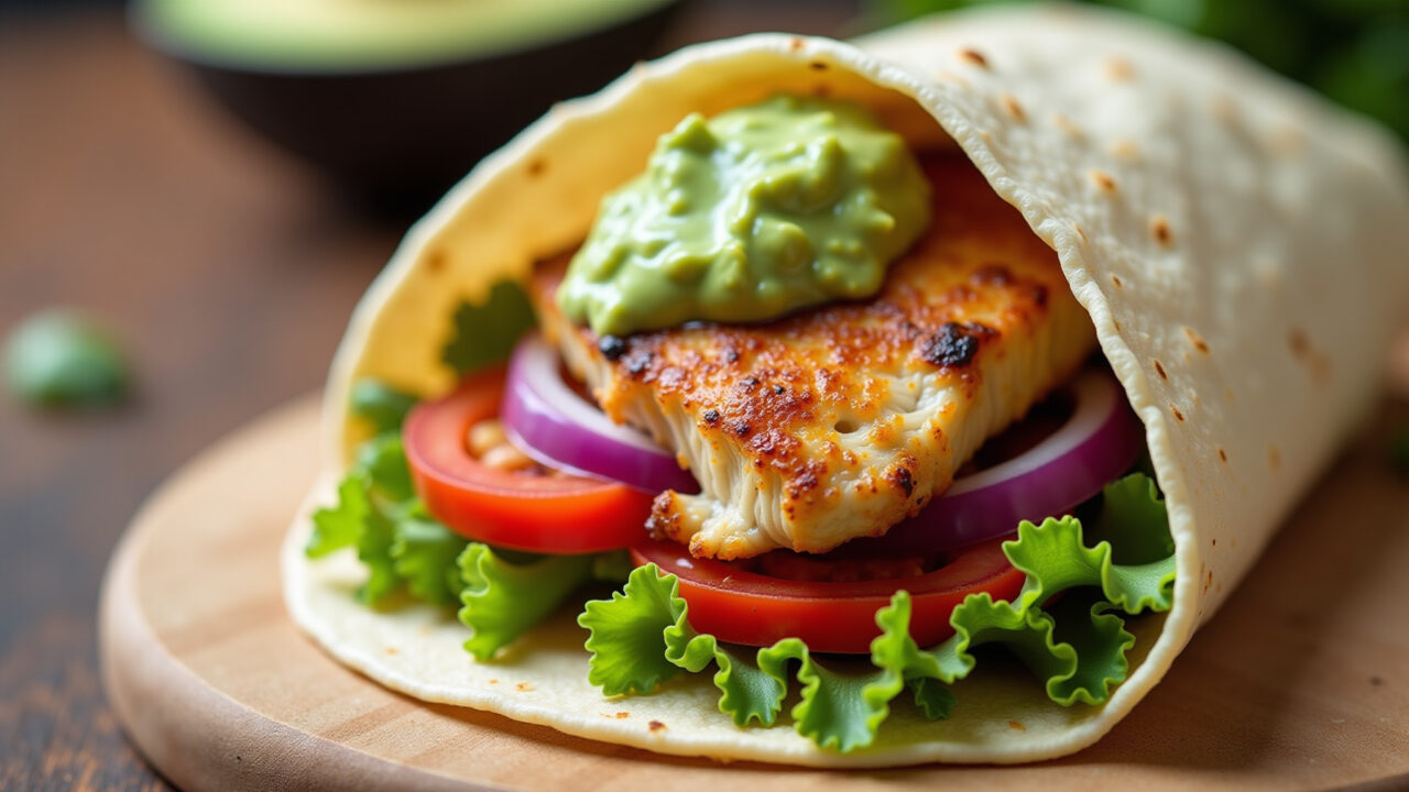 Wrap de frango com guacamole, prático e refrescante.