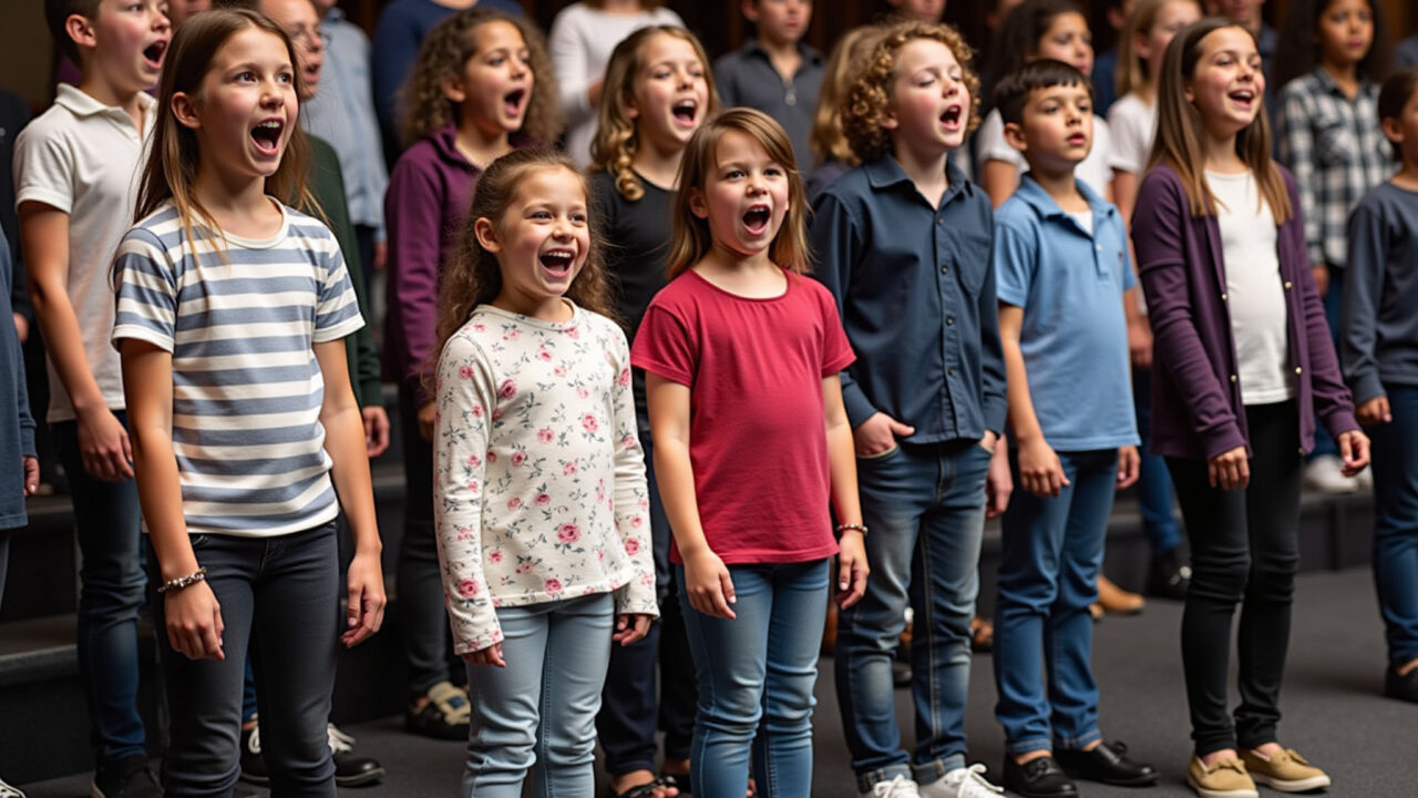 Children's choir performing gospel songs, joyful expressions, church stage, musical instruments, Coral infantil cantando músicas gospel.