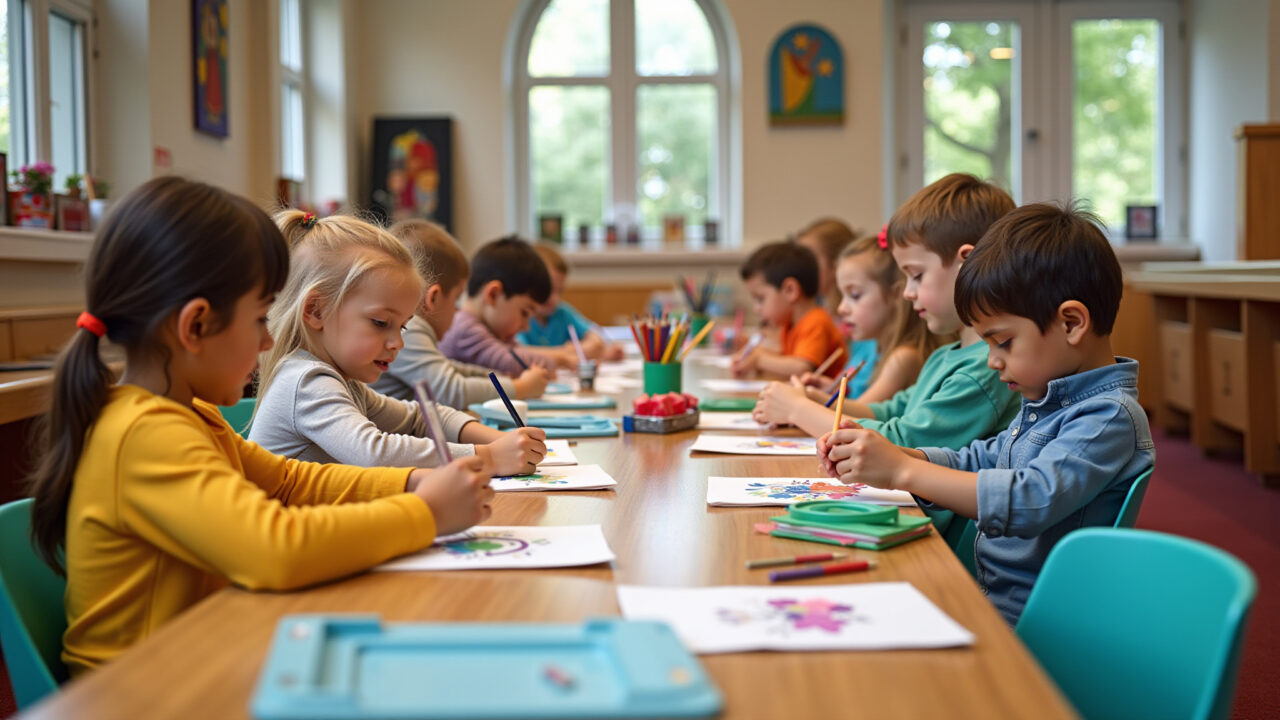 Children's craft table with Christian-themed art supplies, colorful decorations, church hall, Mesa de artesanato infantil com materiais de arte com tema cristão.