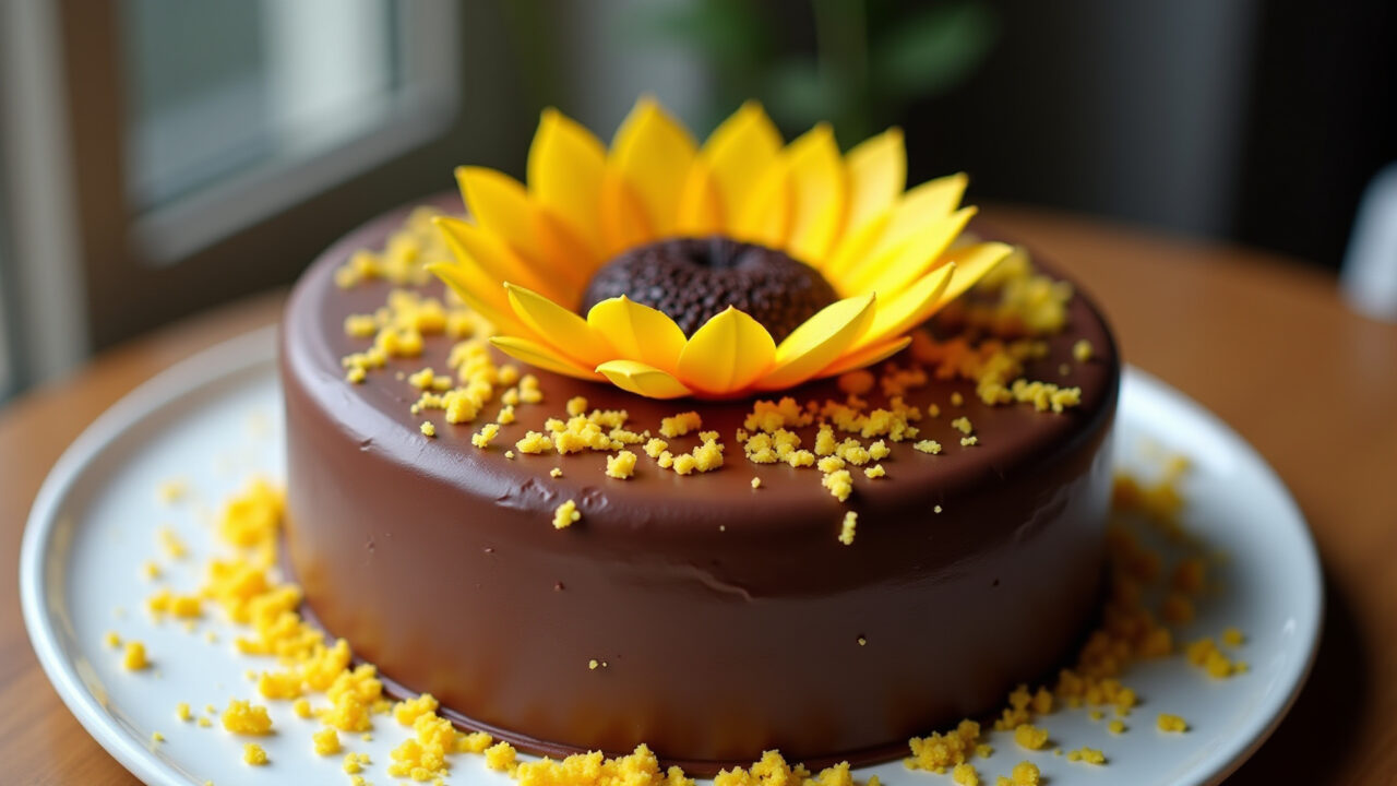 Chocolate ganache sunflower cake with yellow chocolate shavings, professional photography, 8K Bolo girassol com ganache de chocolate e raspas amarelas.