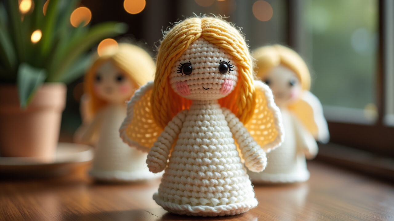 Amigurumi anjo natalino com asas brilhantes.