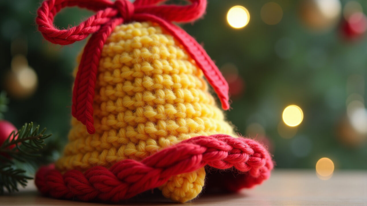 Amigurumi sino natalino com laço vermelho.