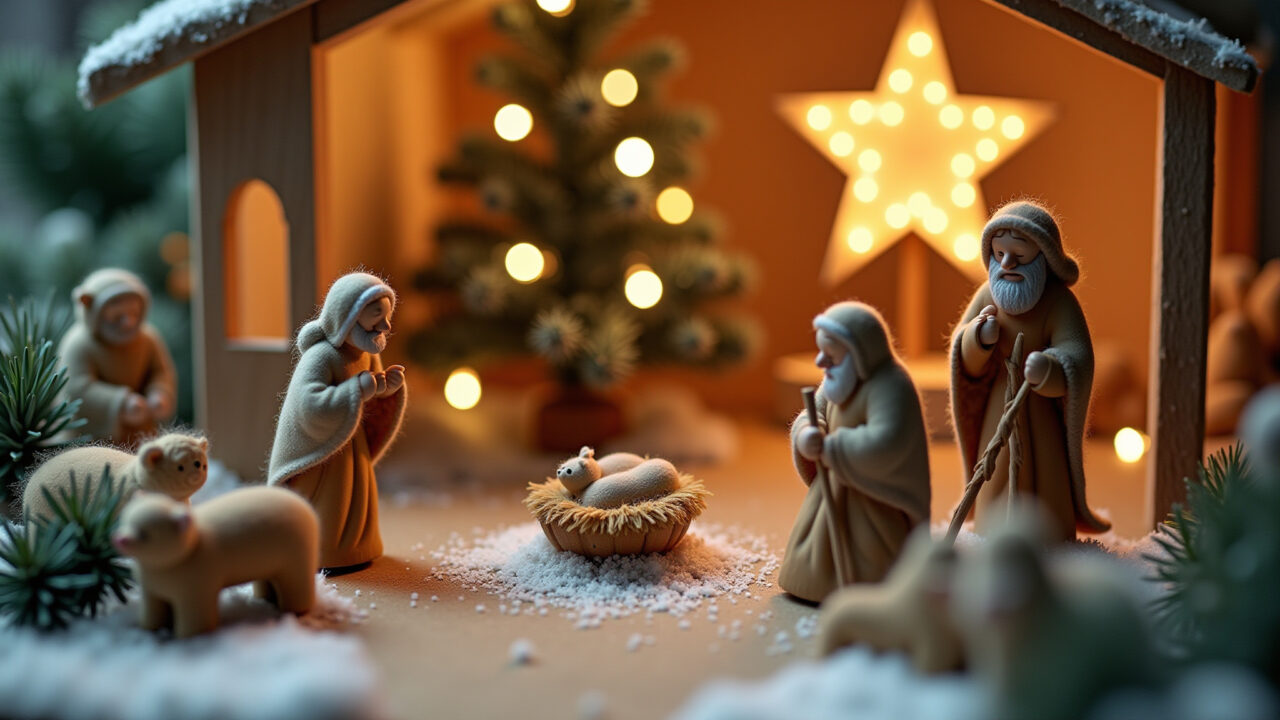 Diorama de Natal com presépio moderno.