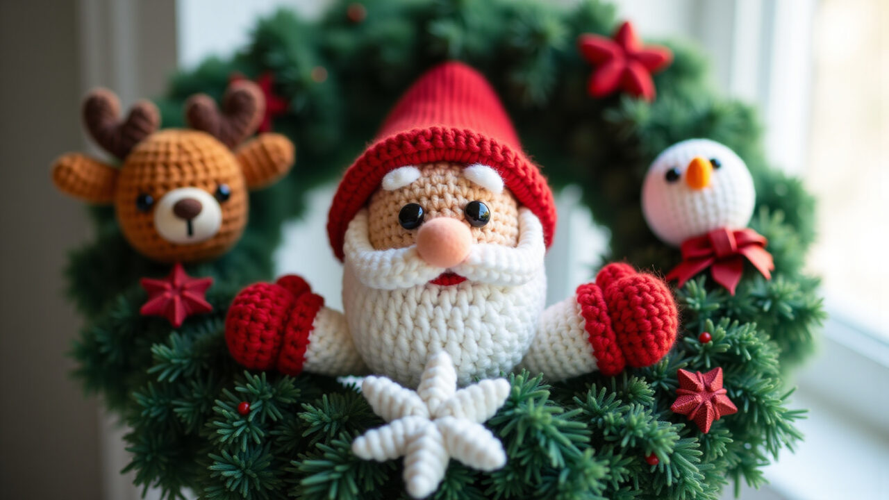 Amigurumi guirlanda natalina com enfeites.