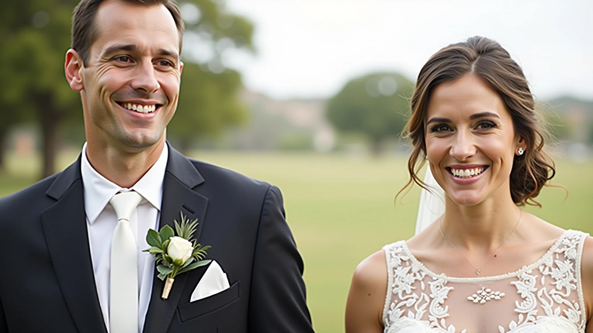 Casamento civil, noiva de vestido midi com renda, noivo de terno, casal feliz.