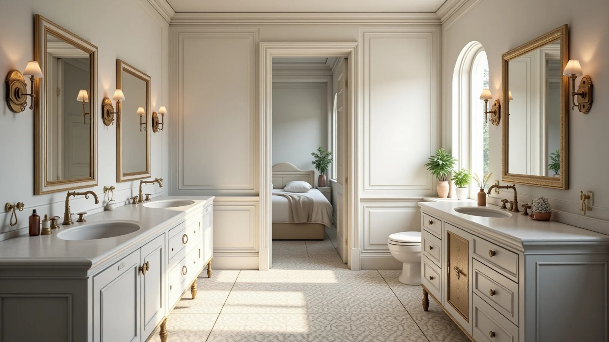 Banheiro clássico com azulejos brancos e detalhes dourados, iluminação quente.