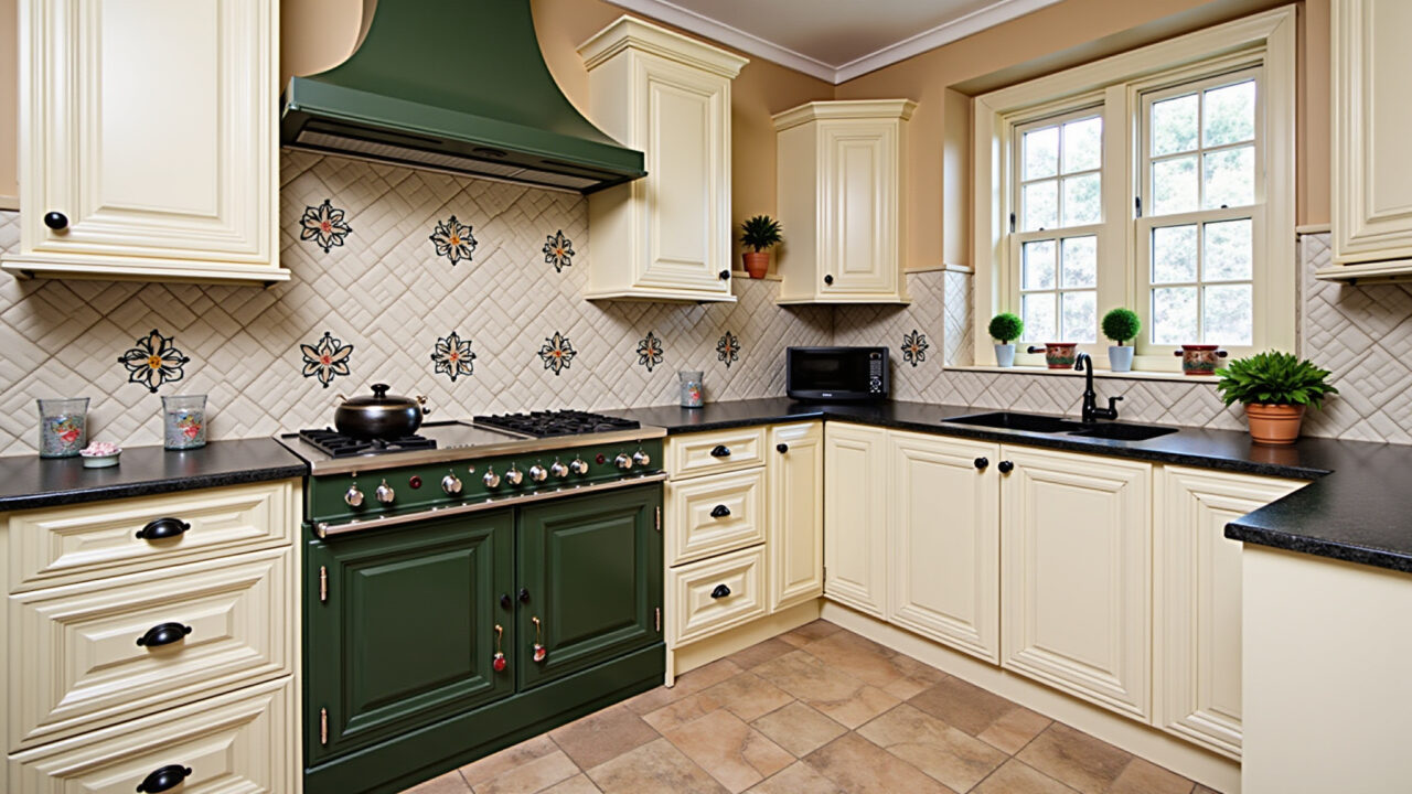 Classic kitchen, decorated tiles, floral patterns, vintage motifs, charming details, 8k, lifestyle Cozinha clássica com azulejos decorados com estampas florais.