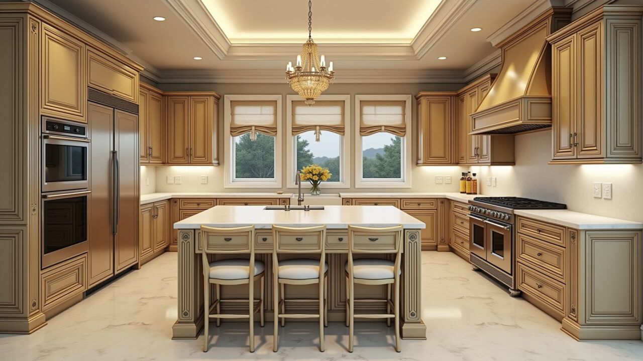 Classic kitchen, golden details, luxurious, sophisticated, elegant fixtures, 8k, commercial Cozinha clássica com detalhes dourados que adicionam luxo.