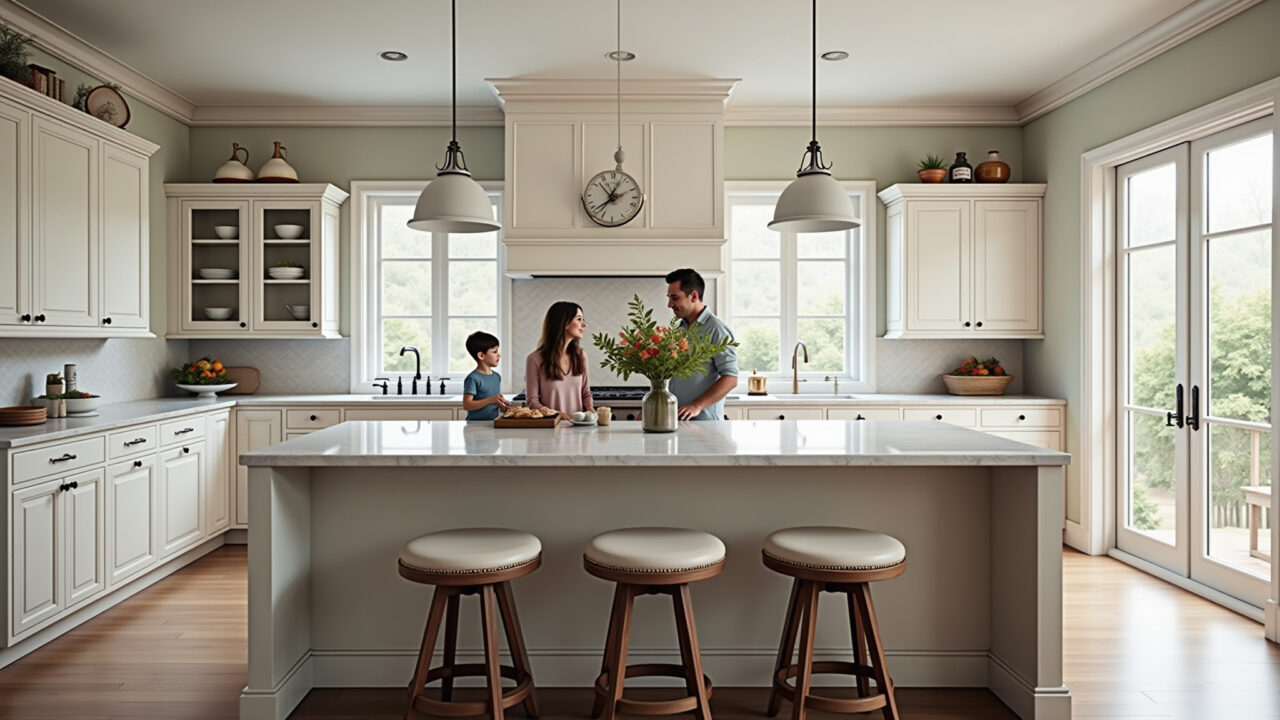Classic kitchen island, marble top, elegant design, comfortable stools, family gathering, 8k, Ilha central elegante em cozinha clássica com tampo de mármore.