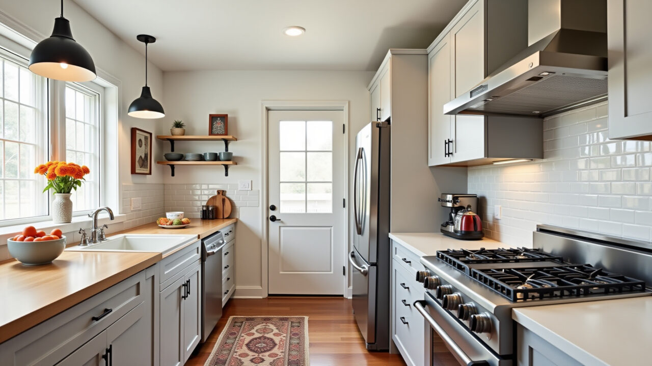 Classic kitchen meets modern, stainless steel appliances, vibrant accessories, balanced style, 8k, Cozinha clássica e moderna com eletrodomésticos de inox e toques de cor.