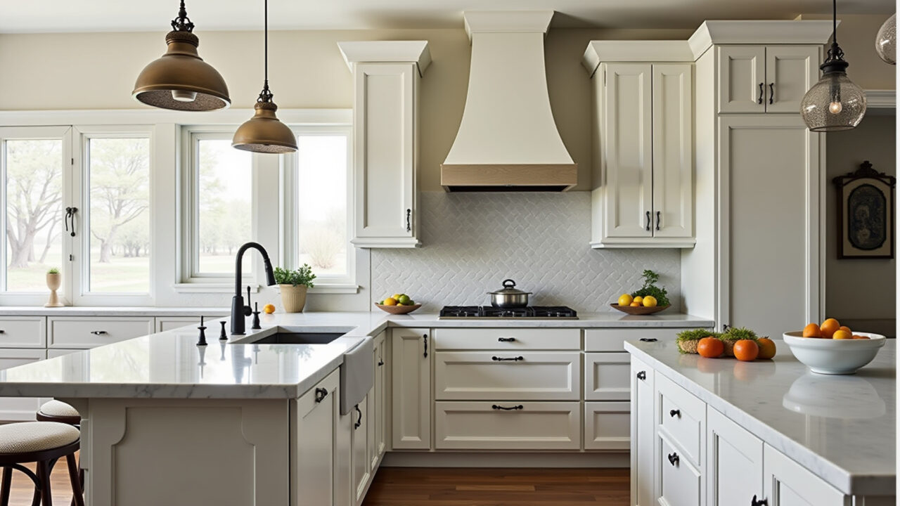 Classic kitchen, neutral colors, marble countertop, elegant details, professional photography, 8K Cozinha clássica com bancada de mármore e detalhes elegantes.