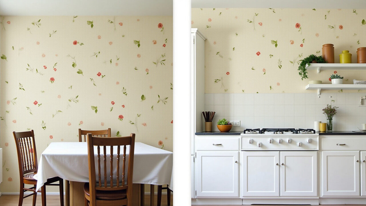 Classic kitchen wallpaper, floral prints, vintage motifs, charming, simple change, 8k, lifestyle Cozinha clássica com papel de parede floral e vintage.
