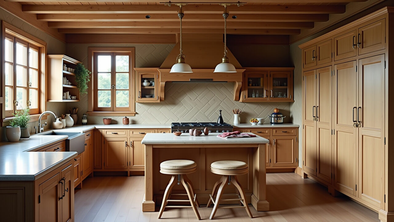 Classic kitchen with wood, warm tones, rustic charm, natural finish, cozy atmosphere, 8k, Cozinha clássica com madeira que transmite aconchego e sofisticação.