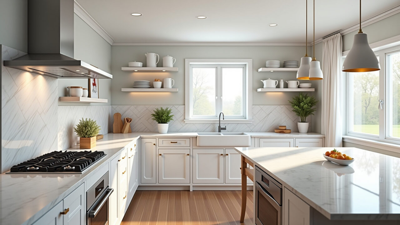 Classic white kitchen, bright, spacious, elegant, wood and marble textures, natural lighting, 8k, Cozinha clássica branca que transmite leveza e amplitude.